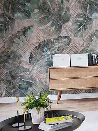 Шпалери вінілові Grandeco One roll one motif 2 A41801 панно великі листя манстеры зелені на бежевому Київ