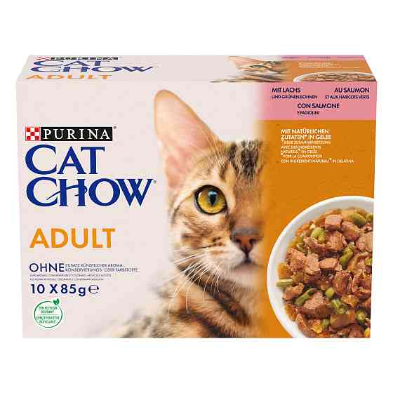 Вологий корм CAT CHOW Adult для дорослих котів, шматочки в желе, з лососем та зеленою квасолею, 10x85 г Київ