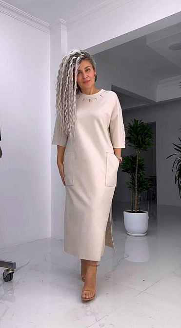 Женское стильное батальное платье трикотаж двунитка. Беж, 48/52 Одесса - изображение 6