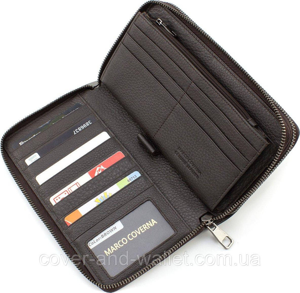 Мужская кожаная барсетка на две молнии коричневого цвета Marco Coverna B5902B Киев - изображение 7