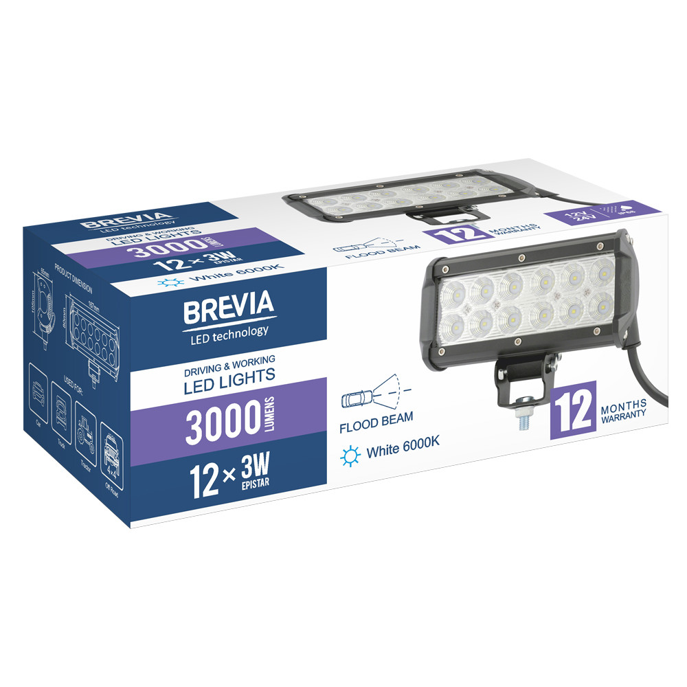 Фара светодиодная Brevia Cree Flood 10-30V, 36W (12x3W), 3000Lm, 1шт Львов - изображение 7