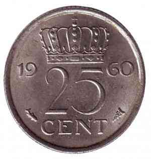 Монета 25 центов. 1960 год, Нидерланды. Полтава