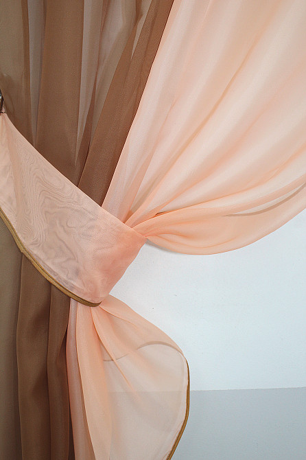 Кухонные шторы VR-Textil № 017к комбинированные с подвязками коричневый с персиковым 265х170 см (50-776) Киев - изображение 3