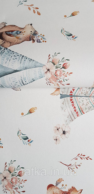 Шпалери флізелінові еко Rasch Kids World II 0.53х10 дитячі ведмедики косулі квіти намету на білому Київ - фото 1