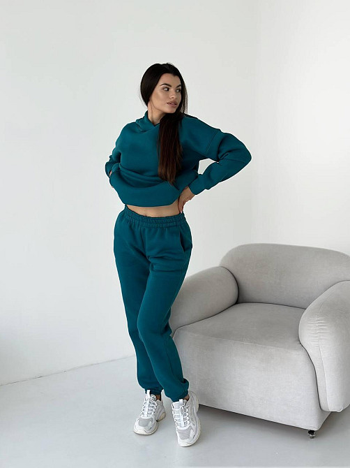 Женский спортивный теплый костюм оверсайз на флисе Темно бирюзовый L Харьков - изображение 3