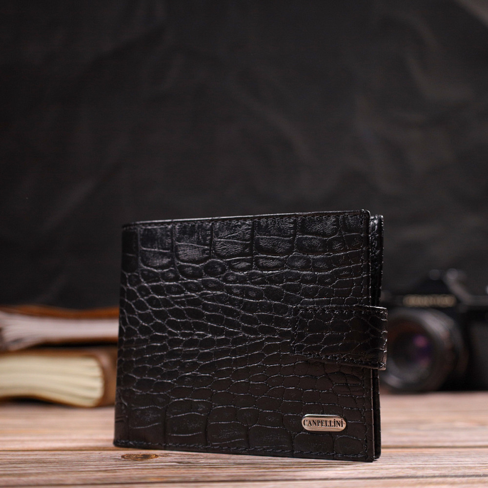 Удобный мужской бумажник из натуральной фактурной кожи с тиснением под крокодила CANPELLINI 21790 Черный Киев - изображение 8