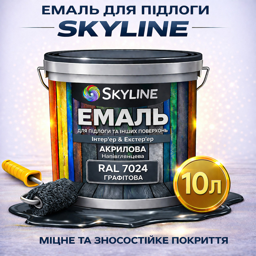 Фарба для підлоги SkyLine RAL 7024 Графітова, вологостійка, зносостійка, без запаху, для дерева, металу та бетону, 10 л Харків - фото 1