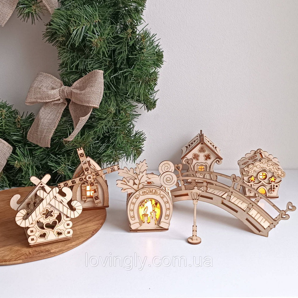 Новогодний деревянный городок с LED подсветкой – набор домиков для дома, подарок и праздничный декор. Ирпень - изображение 3