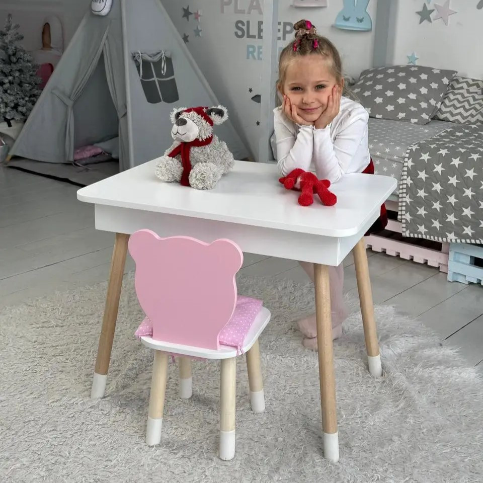 Стіл прямокутний з відкидним ящиком 54х60х45 і стілець медведик 26х26х24, столик та стільчик для дівчачої кімнати, рожевий з білим Київ - фото 1