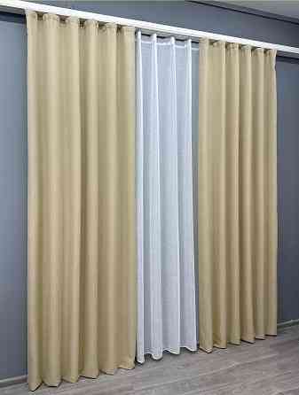 Комплект штор VR-Textil Лен Мешковина 150х270 2шт и Тюль 600х270 114ш-115т Бежевый с белым 71-022/5 Киев