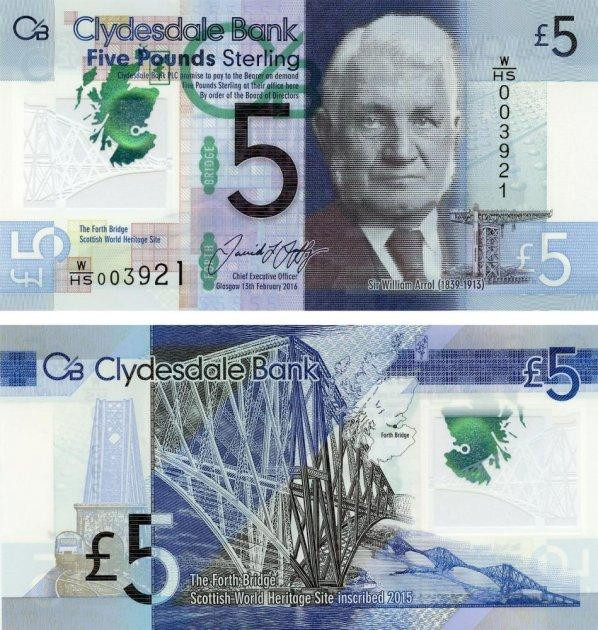 Шотландії 5 фунтів 2016 Полімер UNC Пам'ятна Вільям Аррол Clydesdale bank Полтава - фото 1