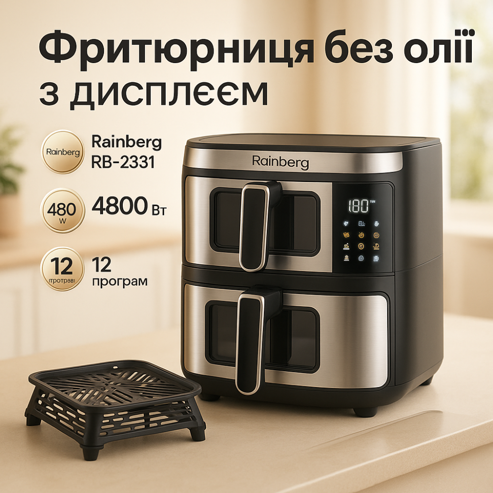 Большая аэрофритюрница 15л на 2 чаши Rainberg RB-2331 Аэрогриль усиленной мощностью 4800Вт с дисплеем OG-32 Львов - изображение 19