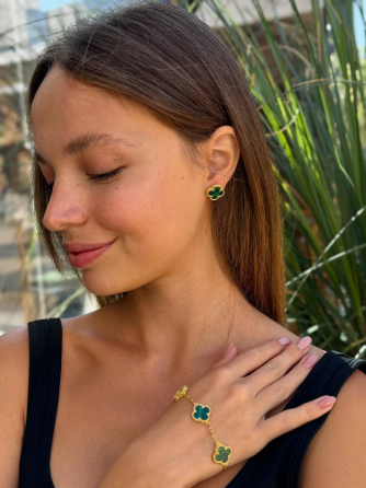 Van Cleef сережки та браслет / набор зелений під малахіт / лимонне золото / проба AU 750, гравіювання Одеса