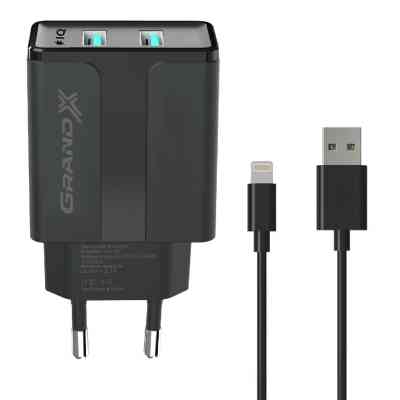 Зарядное устройство Grand-X 5V 2,1A Black + cable USB-Lightning (CH15LTB) Винница