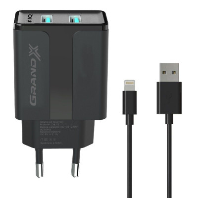 Зарядний пристрій Grand-X 5V 2,1A Black + cable USB-Lightning (CH15LTB) Вінниця - фото 1