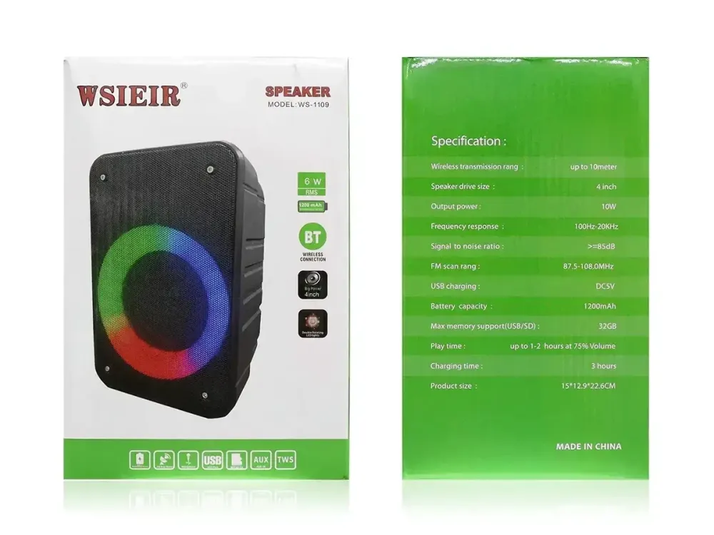 Портативна Bluetooth колонка Wsieir WS-1109 з LED, FM, USB, TF, TWS, 4" динамік, 10Вт Одеса - фото 4