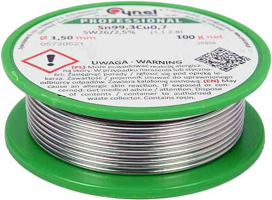 Припій без свинцю CYNEL : Ø1,5 мм, Sn99,3-Cu0,7 дротяний на котушці з флюсом m= 100 г [30] Одеса