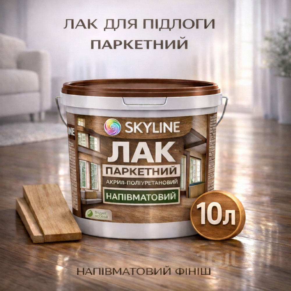 Лак для підлоги напівматовий Skyline паркетний, акрил-поліуретановий, водний, зносостійкий, без запаху, 10 л Харків - фото 1