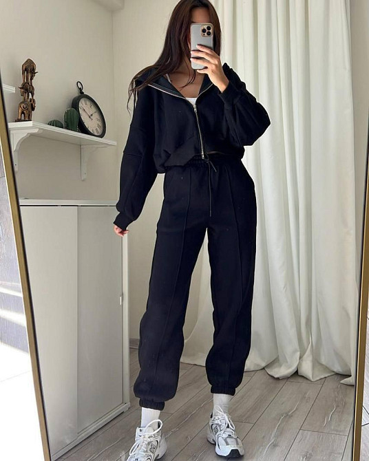 Жіночий стильний та комфортний тринитний костюм на флісі. Чорний, 44/46 Одеса - фото 1