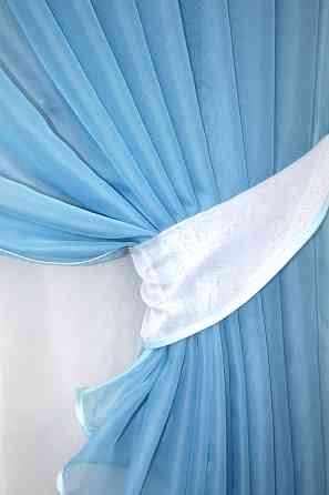 Кухонный комплект (200х170см) шторка с ламбрекеном и тюлю цвет голубой с белым 00к 59-421 Киев