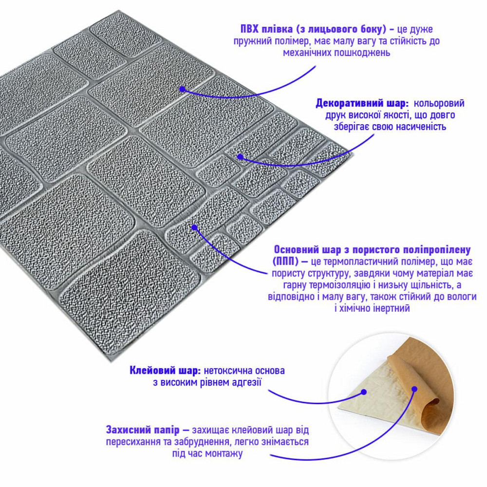 Самоклеящаяся декоративная 3D панель Камень серебро 700х700х6мм (153) SW-00000187 Киев - изображение 2