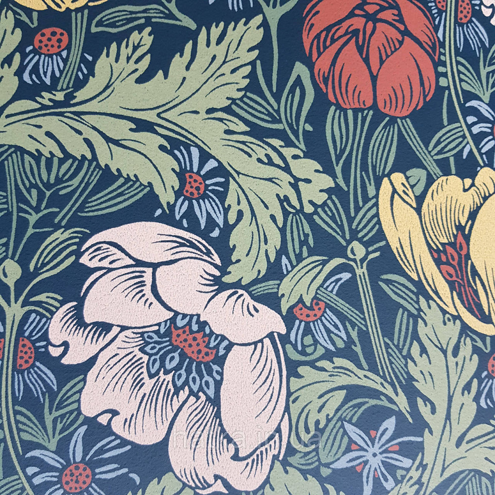 Обои флизелиновые экологически чистые Rasch Salisbury 0.53х10 цветы яркие красные желтые беж на темно синем Киев - изображение 3