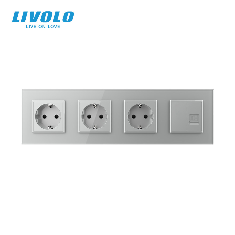 LIVOLO Розетка чотиримісна комбінована Силова Інтернет Livolo сірий скло (VL-C7C3EU1CK0-15) Коломия - фото 2