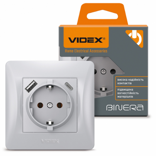 BINERA срібний шовк Розетка внутрішня +USB+Type-C із заземленням Videx Житомир