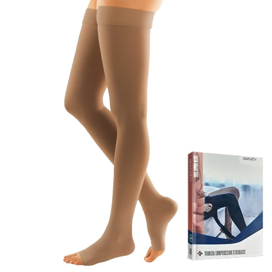 Компресійні панчохи Aurafix AV-108 з відкритим носком 2 клас, бежеві Дніпро - фото 1