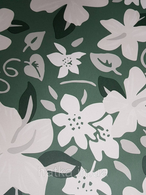 Шпалери вінілові Lutece Bensimon квіти листя білі сірі бежеві на зеленому Київ - фото 2