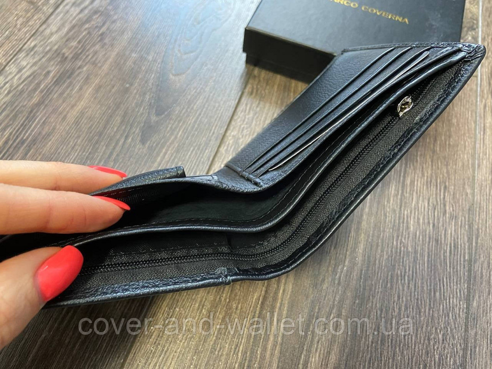 Тонкий чоловічий шкіряний гаманець чорного кольору Marco Coverna M4 Київ - фото 4