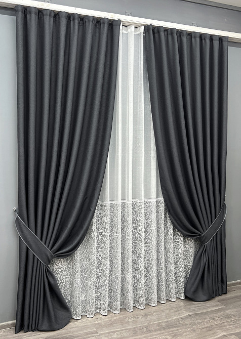 Комплект штор VR-Textil Льон Мішковина 200х270 2шт і Тюль 600х270 1161ш-1672т Графітовий з білим 71-163/7 Київ - фото 2