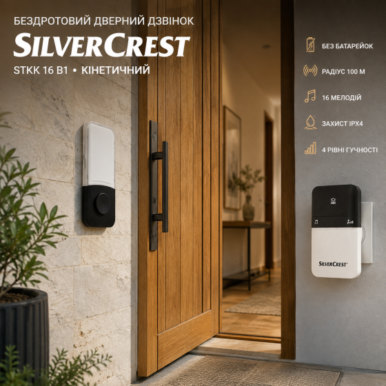 Беспроводной кинетический дверной звонок SILVERCREST STKK 16 B1 без батареек, 100 м, 16 мелодий, IPX4, черный Киев