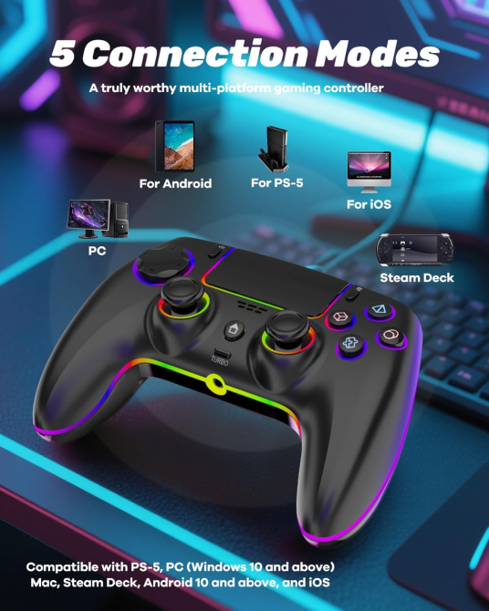 Бездротовий геймпад MYSTILUCK Hall Effect для PS5/PS5 Pro/PC/Mac/Steam Deck/iOS/Android | RGB, Turbo, 1500 мА·год Київ - фото 18