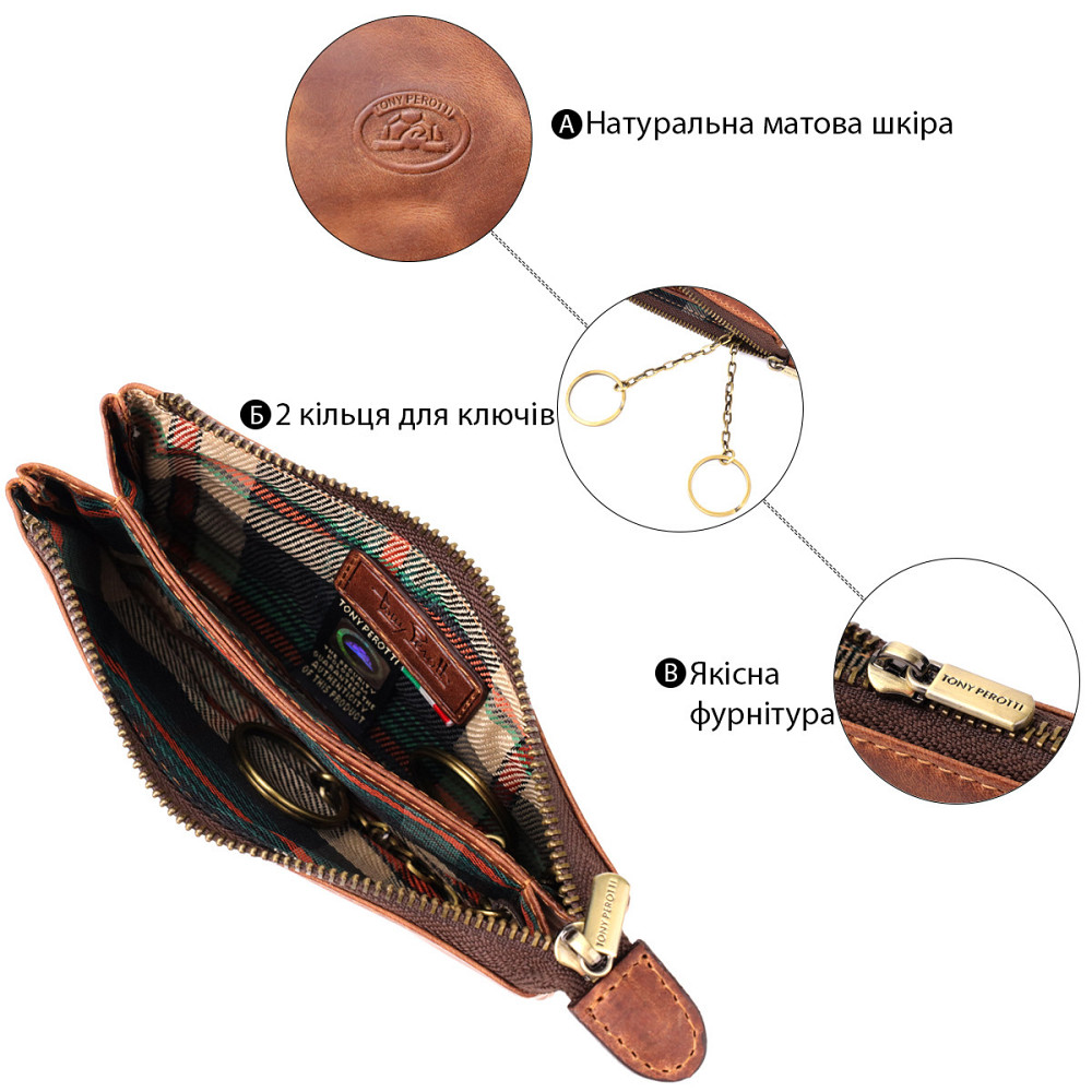 Практична ключниця на два відділення з матової натуральної шкіри Tony Perotti 20837_1 (3350 whisky) Світло-коричневий Київ - фото 4