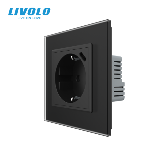 Електрична розетка з USB Type-C 18Вт для зарядки, з заземленням, LIVOLO, чорна, скляна матова рамка, 250В 16А Коломия