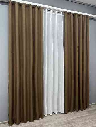 Комплект штор VR-Textil Лен Мешковина 150х270 2шт и Тюль 600х270 1476ш-115т Коричневый с белым 71-028/5 Киев