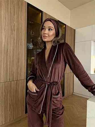 Женская уютная пижама: халат-кимоно, штаны + повязка на голову велюр Шоколад, 46/48 Одесса