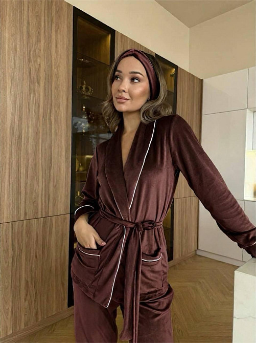 Женская уютная пижама: халат-кимоно, штаны + повязка на голову велюр Шоколад, 46/48 Одесса - изображение 5