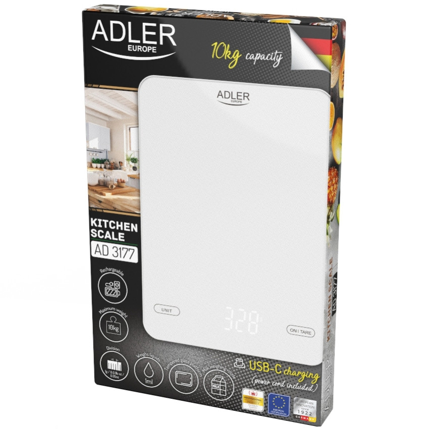 Ваги кухонні Adler AD 3177 white електронні/ 10кг/ г; мл, унція/ USB type C/ автовимкнення/ скло Вінниця - фото 5