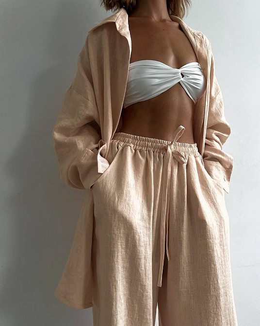 Женский летний оверсайз костюм двойка: рубашка и брюки из смягченного льна креш Одесса - изображение 1