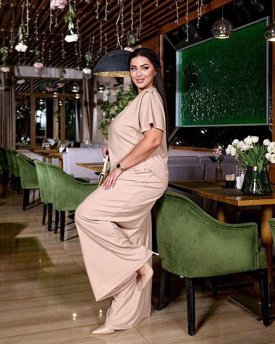 Женский стильный вечерний костюм двойка из крепдайвинга Бежевый, 48/50 Одесса - изображение 6