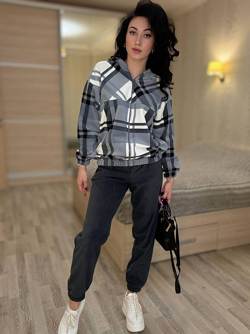 Женский прогулочный теплый костюм: кофта в клетку и штаны турецкий двусторонний флис Графит, 42/44 Одесса - изображение 1