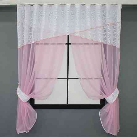 Кухонные шторы VR-Textil № 091к с ламбрекеном и подвязками розовый с белым 270х170 см (52-0838) Киев