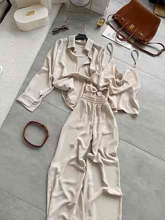 Жіночий легкий прогулянковий костюм-трійка: сорочка майка та штани креп жатка Беж, 48/50 Одеса