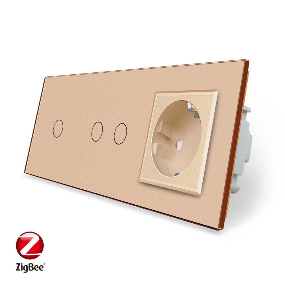 Розумний сенсорний ZigBee вимикач 3 сенсора (1-2) 1 розетка Livolo золото скло (VL-C701Z/C702Z/C7C1EU-13) Коломия - фото 1