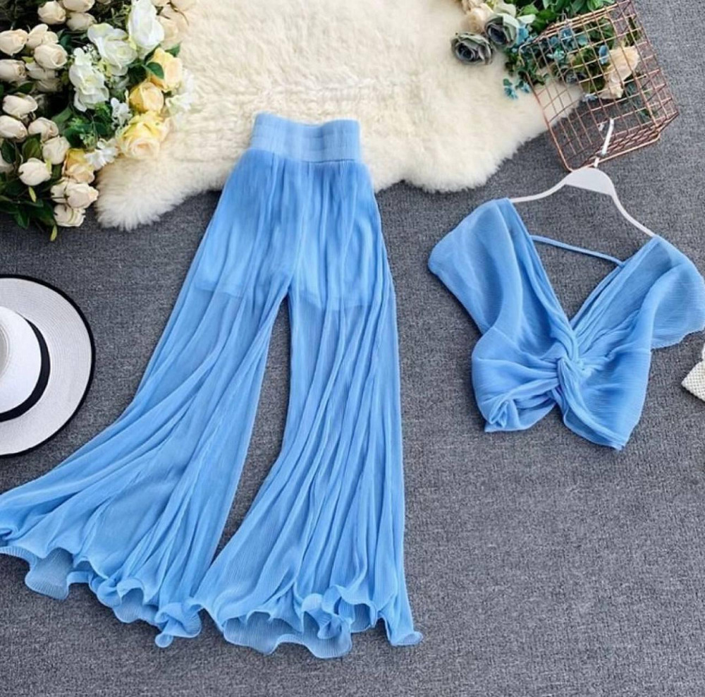 Жіночий літній костюм повітряний: топ і штани шифон + підкладка Блакитний, 46/48 Одеса - фото 1