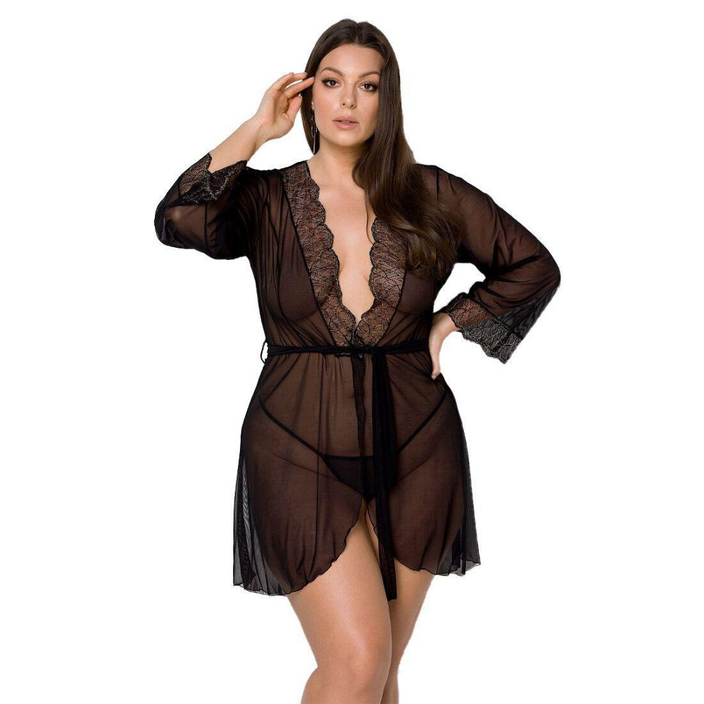 Пеньюар Passion AMBERLY PEIGNOIR 4XL/5XL, black, ажурні декольте та манжети, широкі рукави Sex Aura Київ - фото 1
