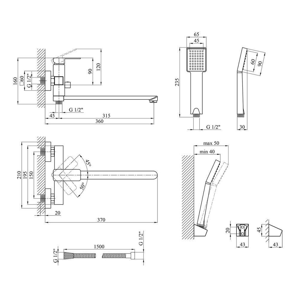 Змішувач для ванни Kroner KRM Ems - C070 з душовим гарнітуром, хром Київ - фото 2