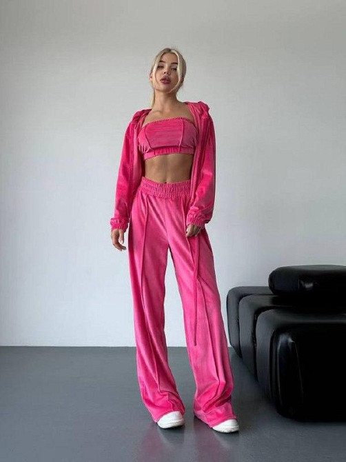 Женский прогулочный плюшевый костюм тройка: кофта топ и штаны велюр-плюш Малина, 42/44 Одесса - изображение 3